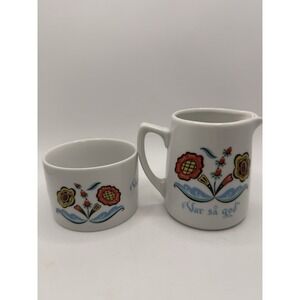 Vintage Swedish Berggren Porcelain  Sugar Bowl Creamer "Var sa god" Folk Art Z6